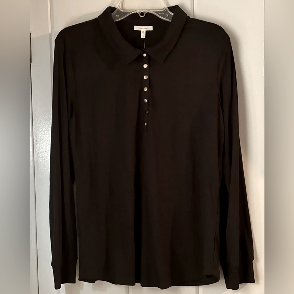 Black Snap Front Collared Long Sleeve Stretch Knit Shirt Sz M NWT